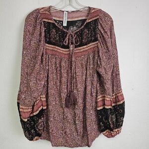 Grace + Karma Tunic Top Red/Black Tie Neck Sz S Boho Cottagecore Peasant